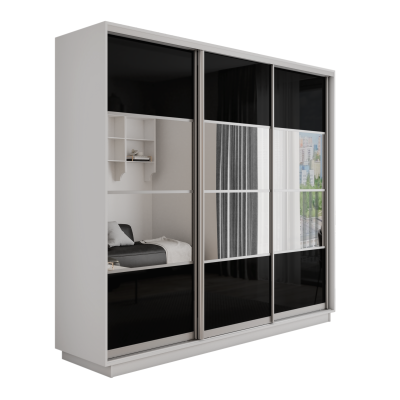 Оптим 3-х дверный 4 секции (Стекло черное, Зеркало) (Белый снег 1800х2200х600 К-3.1 Серебро профиль)